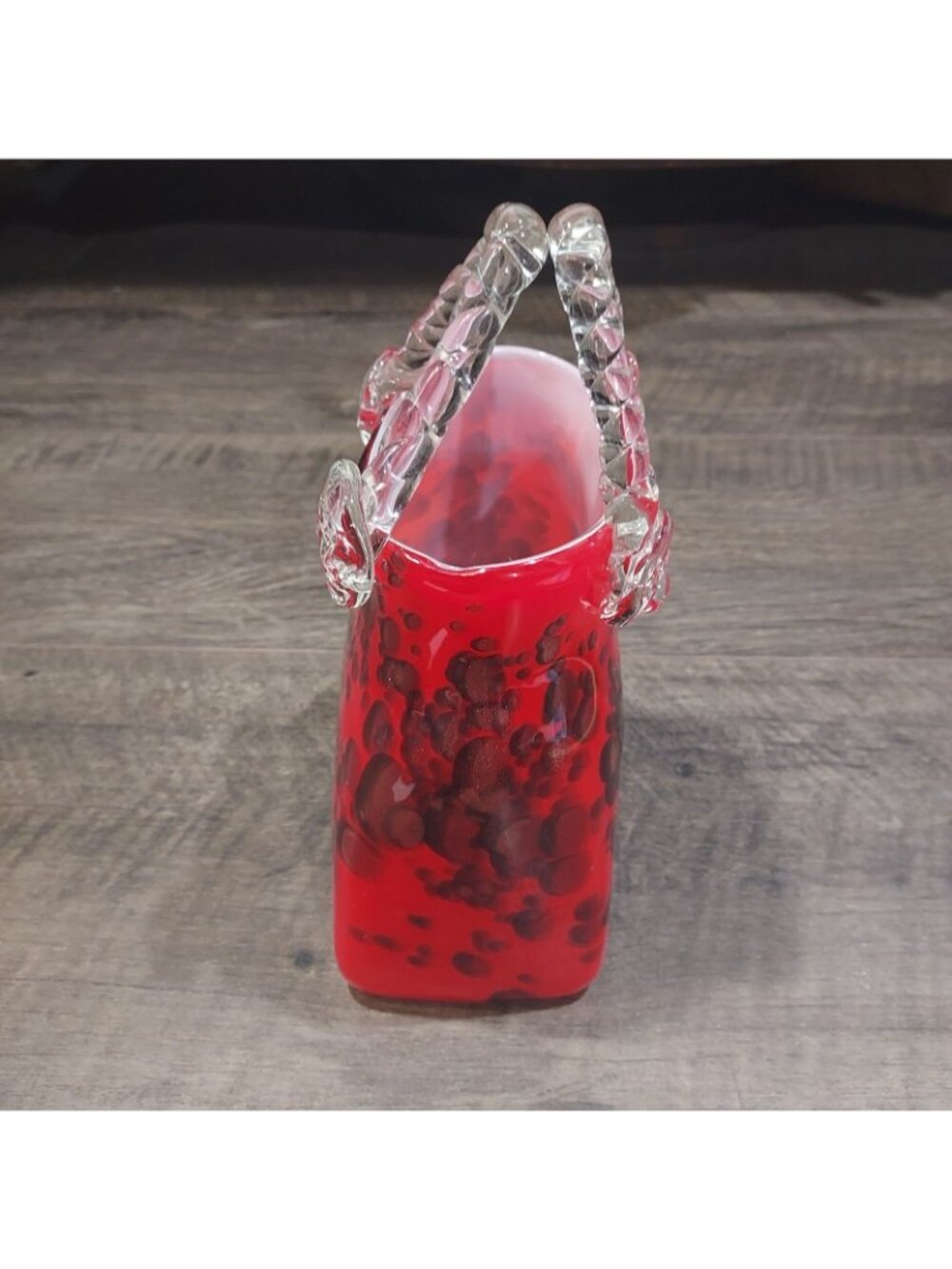 Hand Blown Red Glass Purse Vase Gold Fleck Cheetah Print - Picture 8 of 14